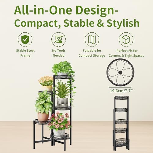 Plant Stand Indoor Outdoor, 5 Tier Corner Metal Flower Display Holder Stand, Folding Tall Plant Rack for Patio Balcony Porch Garden Living Room House, Heavy Duty Wrought Iron Plant Shelf - BlackFlower - Image 5