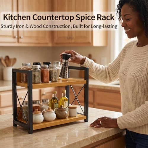 2-Tier Countertop Organizer, Iron-Wood Coffee Station Shelf, Heavy Duty Kitchen Counter Spice Rack for Coffee Bar, Pantry, Bathroom Storage (Bamboo) - Image 5