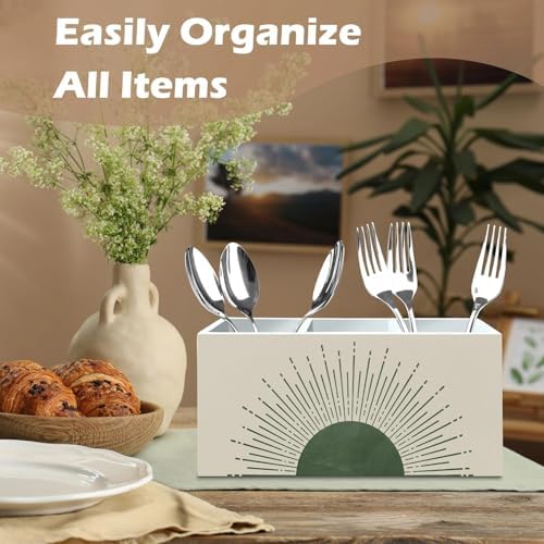 DILSJ Boho Abstract Sunshine Pen Pencil Holder Organizer for Desk, Boho Office Decor, Sage Green Mid Century Modern Minimalist Sun Sunshine Wooden Box Signs for Home Office Desk Tabletop Decoration - Image 3
