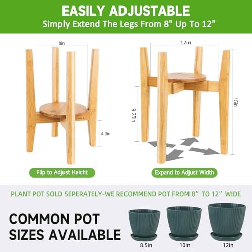 2 Packs Adjustable Plant Stand with Tray,Indoor Wood Plant Stand Fit 8'' to 12'' Planter,Mid Century Modern Flower Pot Holder Rack(Plant and Pot Not Included) Natural - Image 3