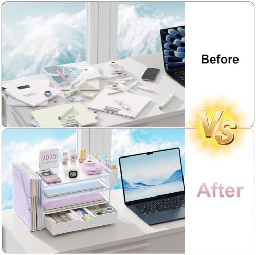 gianotter Wood Desk Organizers and Accessories with File Holder, 4-Tier Desk Accessories & Workspace Organizers with Drawer and Pen Holder, Desk Reference Organizer (White, 4T with Drawer) - Image 2