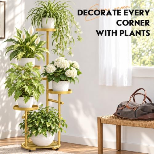 TOSKING Tall 5-Tier Round Metal Corner Plant Stand Indoor, Anti-Tip, Gold - Image 5