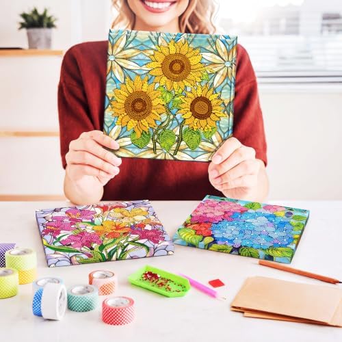 Frienda 4 Pcs Flowers Diamond Painting Art Kits with Framed, 8 x 8 in - Image 3