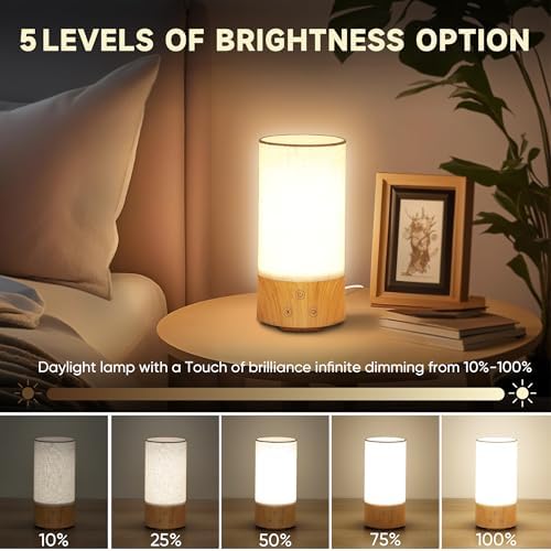Caromolly Light Therapy Lamp, Happy Lamp 10,000 LUX UV Free with 3 Color Temperature & 5 Brightness Level, Full Spectrum Light Wood Base Round Flaxen Fabric Shade for Home, Office, White Linen - Image 3