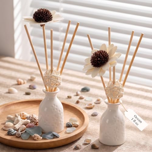 2PCS Ocean Reed Diffuser Set,1 fl oz Ceramic Bottle with 5 Sticks & Sunflower Rattan Ball Decor, Plant-Based Non-Toxic Essential Oil, Long-Lasting Home Fragrance for Bedroom Bathroom by WOHSEROM
