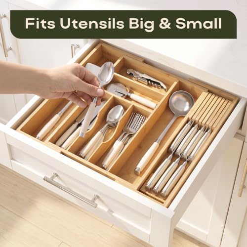 Drawer Organizer for Kitchen Organization – Expandable Bamboo Silverware Drawer Organizer with Removable Knife Block, Bamboo Cutlery, Non-Slip Utensil Organizer with 7-Slot Knife Storage for Flatware - Image 4