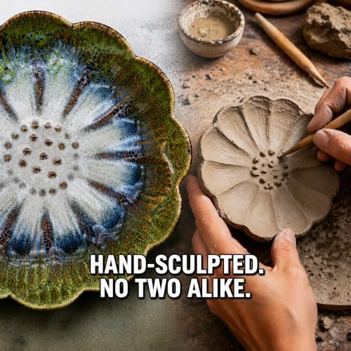 Pinehaven Ceramic Lotus Incense Holder – 5.5 Inch Hand-Sculpted Tray, Brass 9-Hole Insert for Sticks, Palo Santo, Sage & Cones – Japanese Zen Home Décor for Meditation (Green) - Image 2