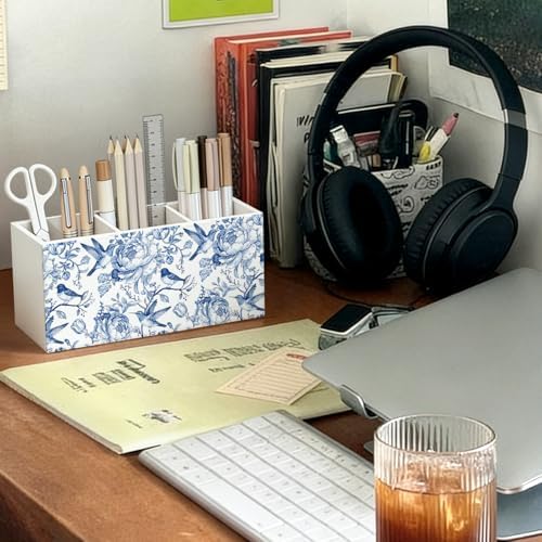 Blue Chinoiserie Bird Floral Pen Pencil Holder for Desk Decor - Image 3