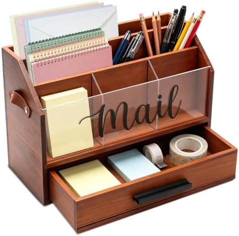 Wood Desk Organizer with Drawer, Bill Mail Organizer Countertop Workspace Organizers for Office Supplies Desk Organization Letter Holder by HYMENEX