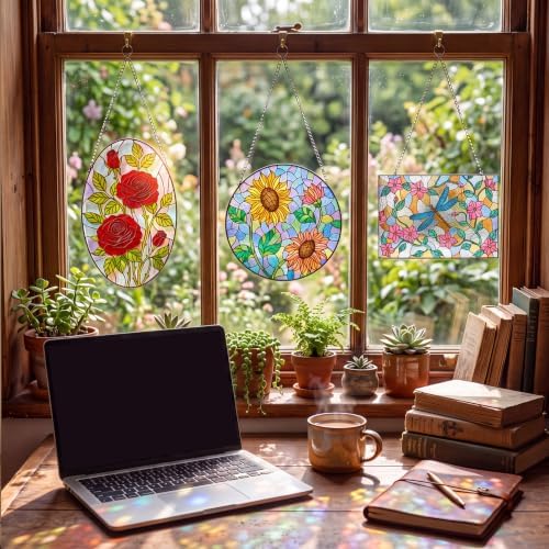 Humyoun 36 Pcs Suncatchers Crafts Kit DIY Paint Art Stained Glass Painting Craft Kits 24 Markers and 12 Suncatchers for Adults Home Decor Creative Projects (Unusual Shaped Flower) - Image 6
