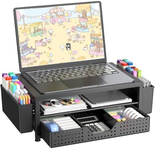 OPNICE Desk Organizer and Accessories, 2-Tier Computer Monitor Stand Riser with Drawer and 2 Pen Holders, Laptop Stand, Office Desk Accessories for Office Supplies, Light Black by OPNICE