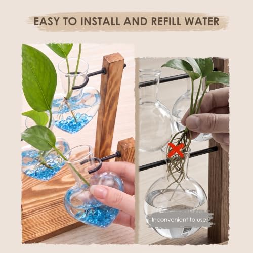 Plant Propagation Station, Heart-Shaped Hydroponic Glass Vase with Wooden Stand Decorative Propagation Stations with Blue Glass Beads for Home Desk Office Gardening Gifts for Plant Lovers - Image 5
