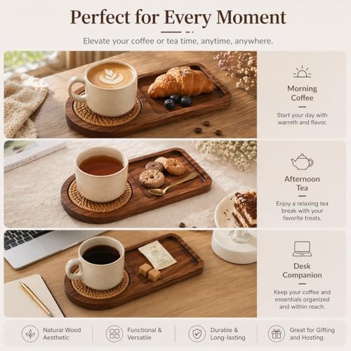 Wooden Coffee Cup Tray with Coaster Holder, Solid Cassia Wood Tea Tray with Snack Section, Cup and Snack Serving Tray for Desk, Bedside, Coffee Table - Image 3