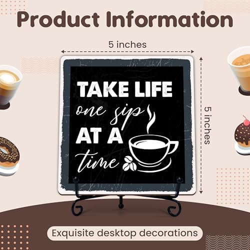 Coffee Bar Sign, Take Life One Sip at A Time Sign, Coffee Lover Gifts, 5x5 Wood Plaque with Iron Stand, Coffee-Themed Decor for Home or Cafe Tabletop – A04 - Image 2