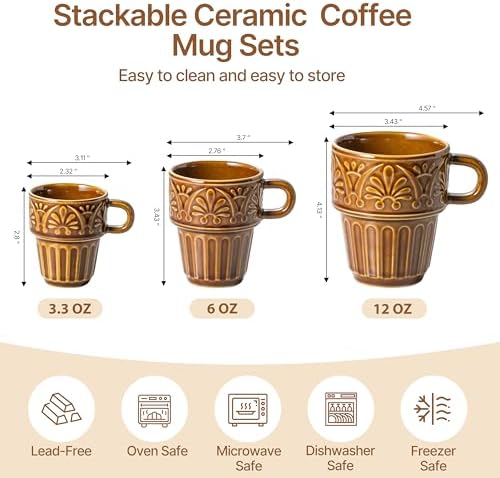 Ceramic Coffee Mug, Stackable Mug 3.3 OZ Coffee Mugs, Espresso Cups, Mugs Set of 6 for Latte Milk Hot Chocolate, for Men Women Kids, Ideal for Home Restaurant Daily Use & Holiday Gifting, Brown - Image 3