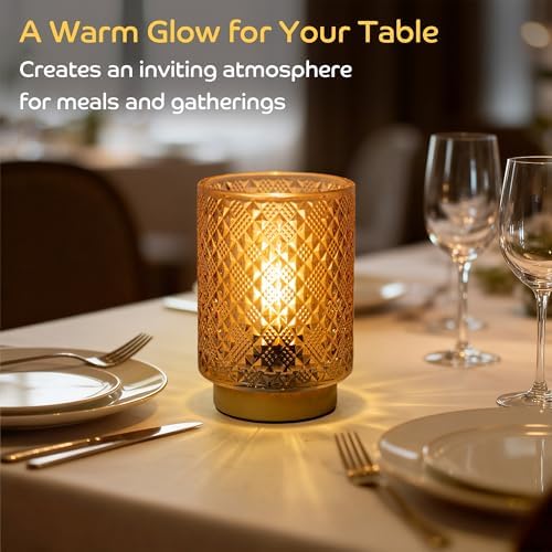 LUSHARBOR Battery Operated Lamp with Timer, Small Table Lamp Bedside Decor Ambient Light, Glass Cordless Battery Lamp for Bookshelf Living Room Entryway Diamond Design-Amber - Image 2