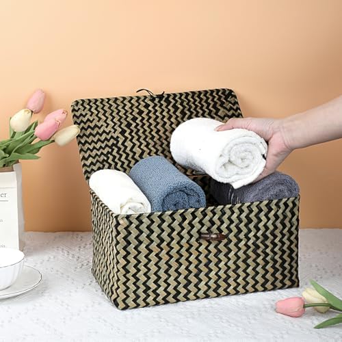 Hipiwe Wicker Shelf Basket Box with Lid - Natural Seagrass Storage Baskets - Image 5
