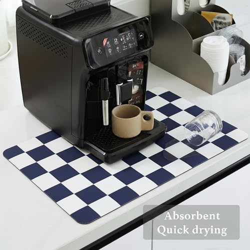 Ohocut Checkered Dish Drying Mat for Kitchen Counter, Coffee Bar Station Accessories, Retro Cute Aesthetic Modern Absorbent Drainer Mat Kitchen Drying Mat Easy Clean (Navy Blue, 19" x 12") - Image 4