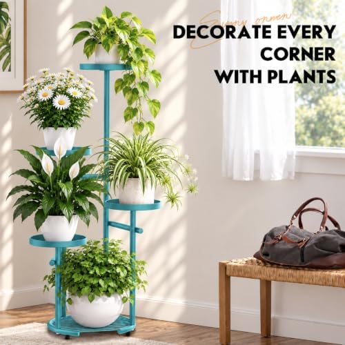 TOSKING Tall 5-Tier Round Metal Corner Plant Stand Indoor, Anti-Tip, Blue - Image 6