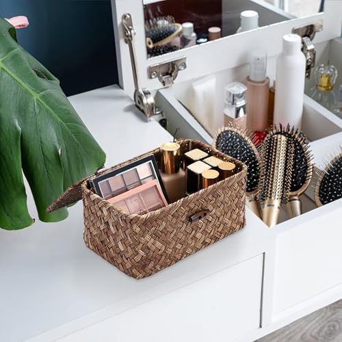 Hipiwe Handwoven Wicker Basket with Lid Small Desktop Seagrass Organizer - Image 6