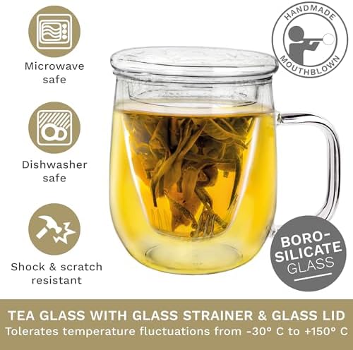 Creano Tea Glass 450 ml – Large Tea Cup with Strainer and Glass Lid – An ideal Tea Maker - Image 2