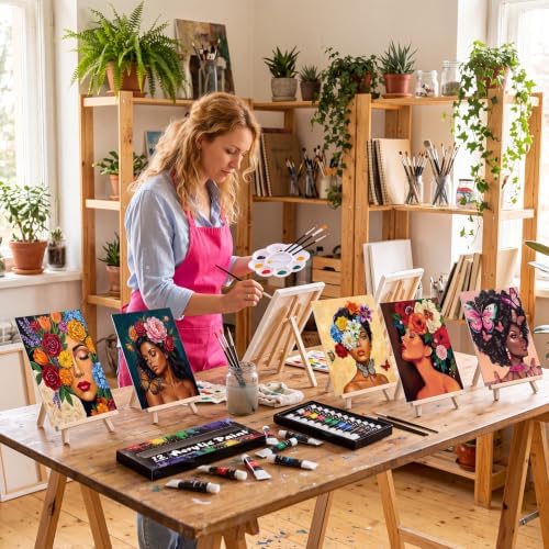 Cholemy 6 Set Paint and Sip Kit for Adults 8"x 10" Pre Drawn Canvas Painting with Wooden Easel Acrylic Paint Wash Cup Brushes Palette Apron for Painting DIY Adult's Date Party Supplies(Flower Lady) - Image 5
