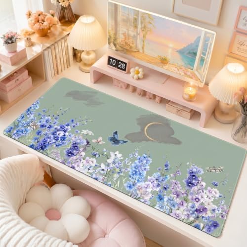 Sage Green Desk Mat, Blue Violet Wildflower XXL Mouse Pad 35.4x15.7in - Image 2