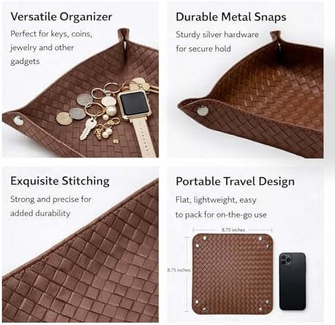 UnionBasic Small Valet Tray, Jewelry Tray for Rings Watches Earrings, Entryway Catchall Caddy for Coins Keys Change, Nightstand Bedside Valet Holder, Trays for Electronic Gadgets, Woven Leather Brown - Image 2