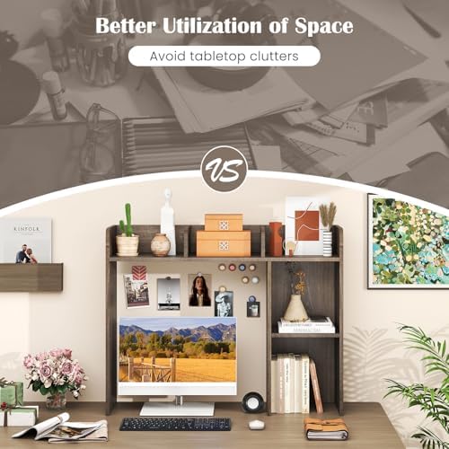 GIANTEX Desktop Bookshelf, Wood Desk Hutch Organizer for 27 Inch Computer Monitor, Countertop Storage Display Rack with 5 Shelves, Multipurpose Desktop Shelf Bookcase for Dorm Office Home (Grey Oak) - Image 5