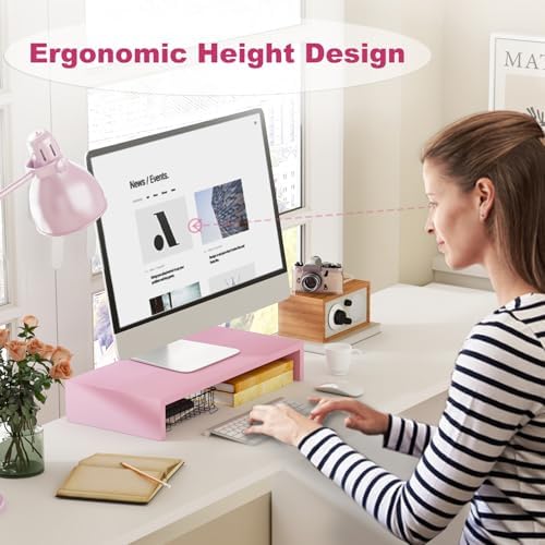 TEAMIX Pink Monitor Riser-20L inch, Wood Monitor Stand for Desk, Sturdy TV/Screen/PC/Printer/Laptop Riser,Computer Shelf with Storage TV Holder for Home Office (Pink, 20 inch) - Image 3