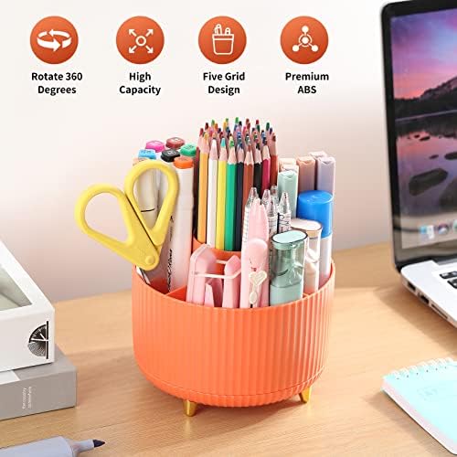 Desk Pencil Pen Holder, 5 Slots 360°Degree Rotating Pen Organizers for Desk, Desktop Storage Stationery Supplies Organizer, Cute Pencil Cup Pot for Office, School, Home, Art Supply, Orange - Image 2
