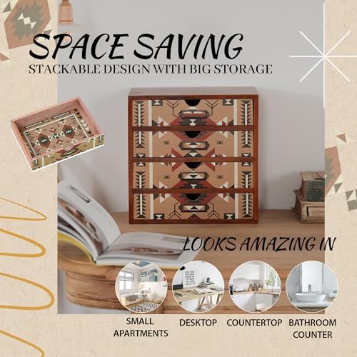 Boho Navajo Wooden Desk Organizer with Drawers – 4-Drawer Desktop Storage Box – Rustic Tribal Wood Desk Organizer for Office, Vanity, or Craft Supplies – Compact & Stylish Wooden Storage Drawers - Image 4