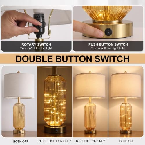 Oneach 24.5" Bedside Table Lamps Set of 2, Amber Glass Lamp with Nightlight - Image 5