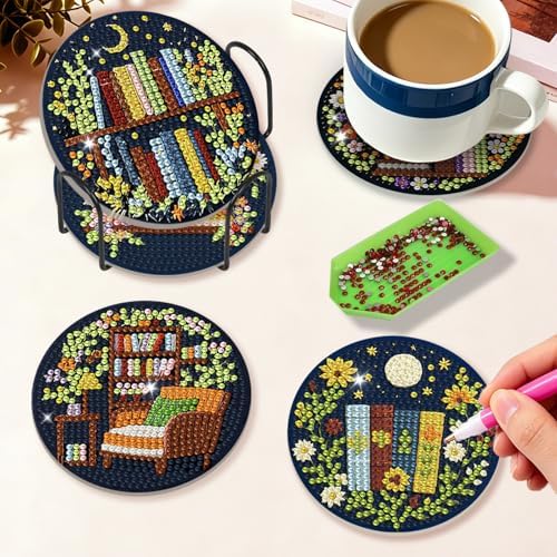 Diamond Art Coasters Kit for Adults, 8PCS Bookshelf Coasters with Holder - Image 4