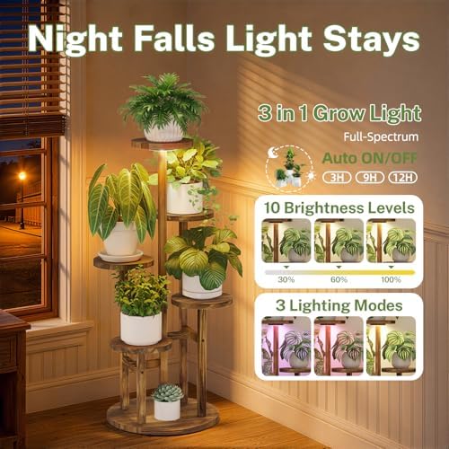 iDavosic.ly 5 Tier Wood Plant Stand Indoor Corner with Grow Light, Brown - Image 3