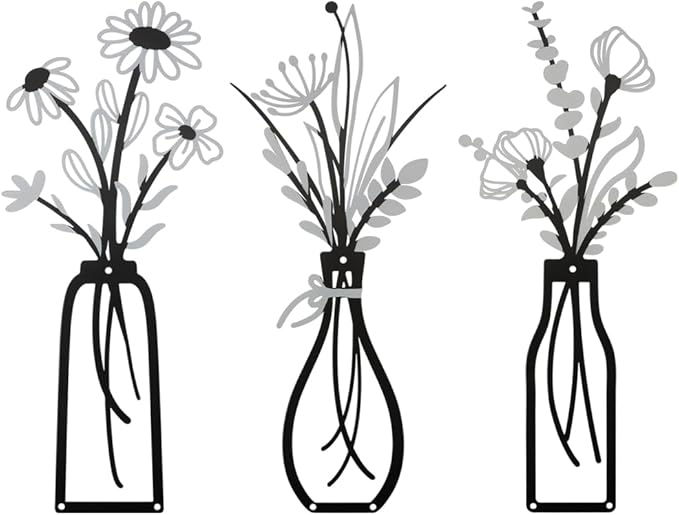 Bochino 3 PCS Metal Flowers Wall Arts, Rustic Farmhouse Decor Minimalist Flower Wall Decors for Living Room Bathroom Bedroom Dining Room Kitchen, Perfect Housewarming Gifts (N-Blue Gray)