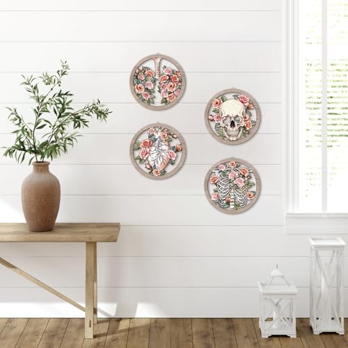HPNIUB Medical Human Anatomy Wall Decor, Farmhouse Medical Anatomical Hanging Wooden Wall Art, 4 Pieces 9.84''x9.84'' Pink Floral Heart Skull Anatomy Wood Sign for Nursing Doctor Room Living Room - Image 6
