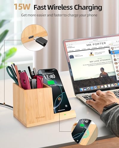 3-in-1 Bamboo Wireless Charger with Desk Organizer, Pen Holder for Desk - Image 2