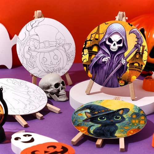 Supervitae 72 Piece Halloween Round Pre Drawn Canvas Kit 5.9" Paint and Sip Kit for Adults Painting Party Pre Printed Canvas DIY with Pictures Paints Easels Brushes for Party Gifts - Image 5