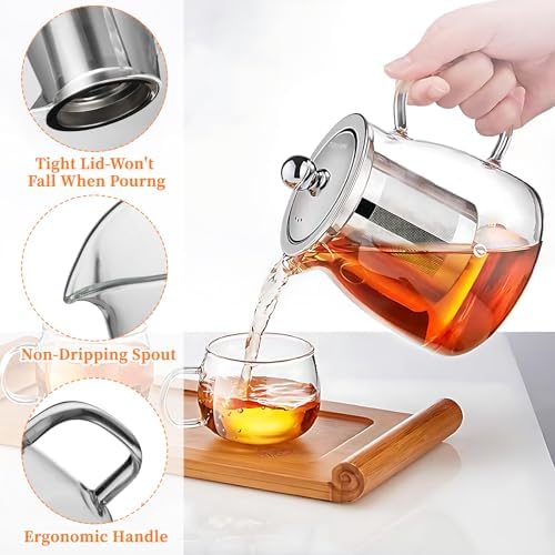 Glass Teapot with Stainless Steel Infuser, Borosilicate Tea Kettle, Clear Tea Maker for Loose Leaf Tea (550ML) - Image 5