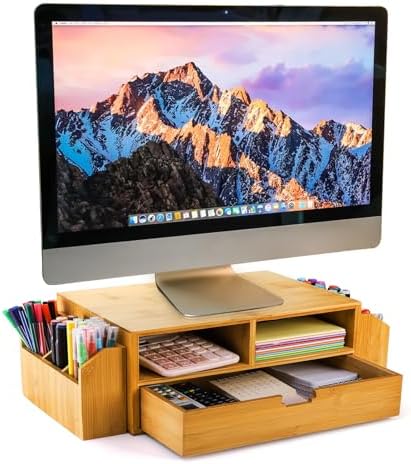 Hiceeden 2 Tier Bamboo Desktop Organizer, Desk Monitor Stand Riser with 1 Drawer and 2 Pen Holder, 2 Compartment Computer Desk Storage Organizer for Laptop, Printer by Hiceeden
