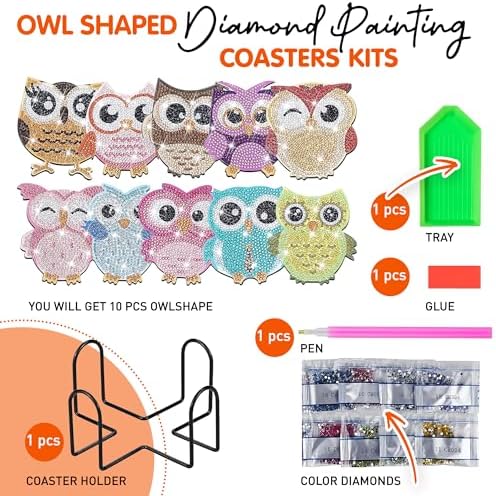 10 pcs Diamond Painting Coasters | Diamond Art Coasters | Owls Diamond Art Painting | Perfect Art Craft Gift for Owl Lover, Dad, Mom, Grandparents, Brother, Sister. - Image 3