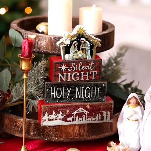 Moucuny 4 Pcs Christmas Table Decor, Wooden Nativity Scene Holy Night Signs - Image 3