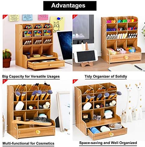Marbrasse Wooden Desk Organizer, Multi-Functional DIY Pen Holder, Organizer for desk, Desktop Stationary, Easy Assembly, Home Office Art Supplies Storage with Drawer (B11-Cherry Color) - Image 6