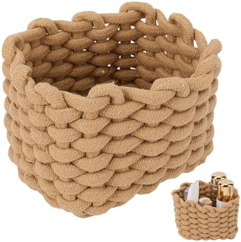 CREATCABIN Woven Small Baskets Cotton Rope Baskets for Organization Bin Camel Boho Square Storage Basket Mini Tiny Baskets for Nursery Cosmetics Living Room Bathroom Shelves Home Decor 7x5x6Inch by CREATCABIN