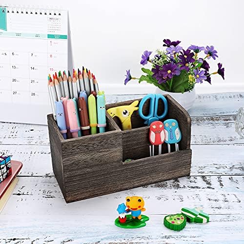 BTSKY Desk Pen Pencil Holder Retro Wood Multi-Function Desk Stationery Organizer Storage Box Pen/Pencil, Business Name Cards Remote Control Holder Office Home Accessories Organizer Vintage Brown - Image 3