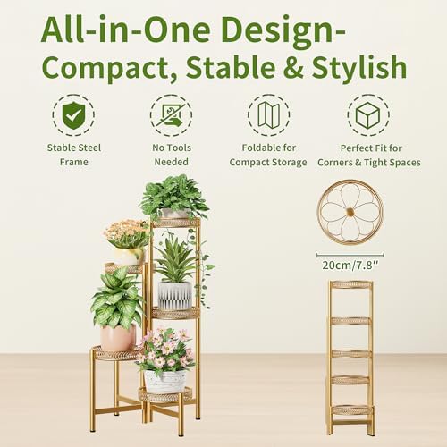 Gold Plant Stand Indoor Outdoor, 5 Tier Corner Flower Display Holder Stand, Folding Tall Plant Rack for Patio Balcony Porch, Heavy Duty Wrought Iron Gold Plant Shelf - GoldFlower - Image 5