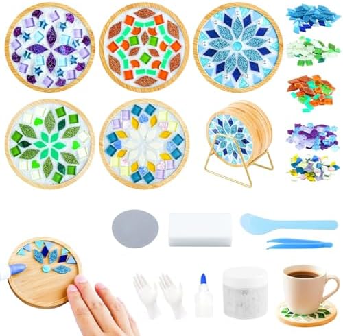 5 Sets DIY Mosaic Tiles for Crafts, Mixed Color Mosaic Coaster Kit Material Package for Adults Women, Wooden Coaster for Drinks Tray Handmade Home Decoration and Gift Idea Summer Party by Karidge