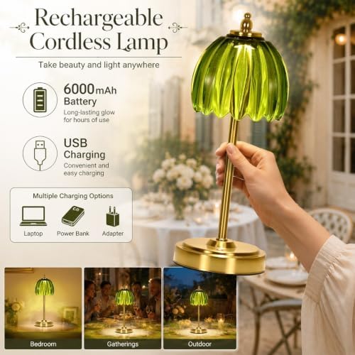 NewAoNaSen Glass Tulip Table Lamp, Cordless Rechargeable Table Light -Green - Image 2