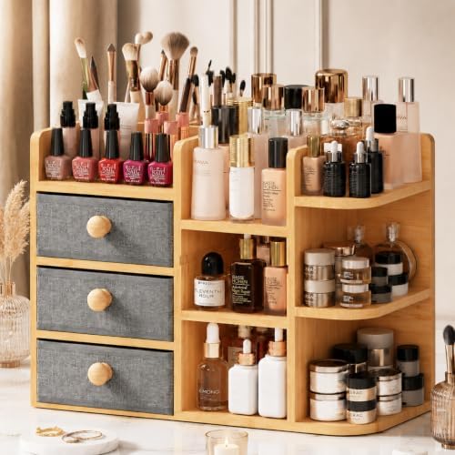 Large Makeup Organizer For Vanity, Large Capacity 3 Tiers Bamboo Bathroom Counter Organizers and Storage, Countertop Makeup Brush Holder, Nail Polish Perfume Stand with 3 Drawers and 10 Compartments by X-cosrack